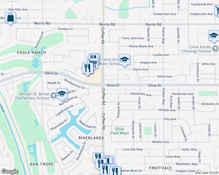 map of restaurants, bars, coffee shops, grocery stores, and more near 8001 Olive Drive in Bakersfield
