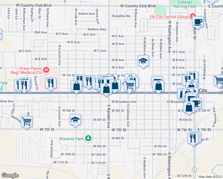 map of restaurants, bars, coffee shops, grocery stores, and more near 1029 West 3rd Street in Elk City