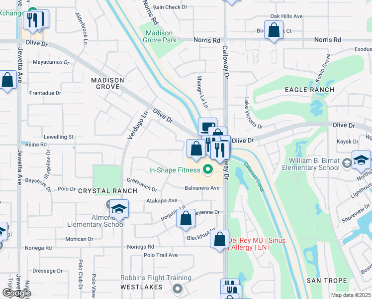 map of restaurants, bars, coffee shops, grocery stores, and more near 5800 Running Brook Street in Bakersfield