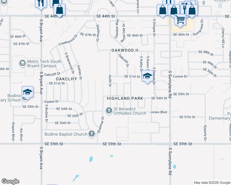 map of restaurants, bars, coffee shops, grocery stores, and more near 5413 Chad Road in Oklahoma City