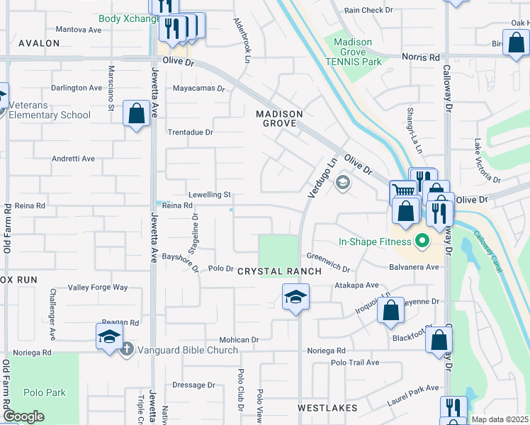 map of restaurants, bars, coffee shops, grocery stores, and more near 10608 Falling Springs Avenue in Bakersfield