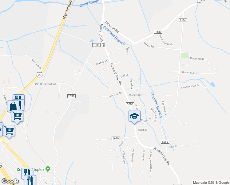 map of restaurants, bars, coffee shops, grocery stores, and more near 16 Dancing Creek Lane in Fletcher