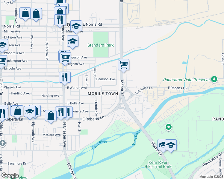 map of restaurants, bars, coffee shops, grocery stores, and more near 445 East Warren Avenue in Bakersfield