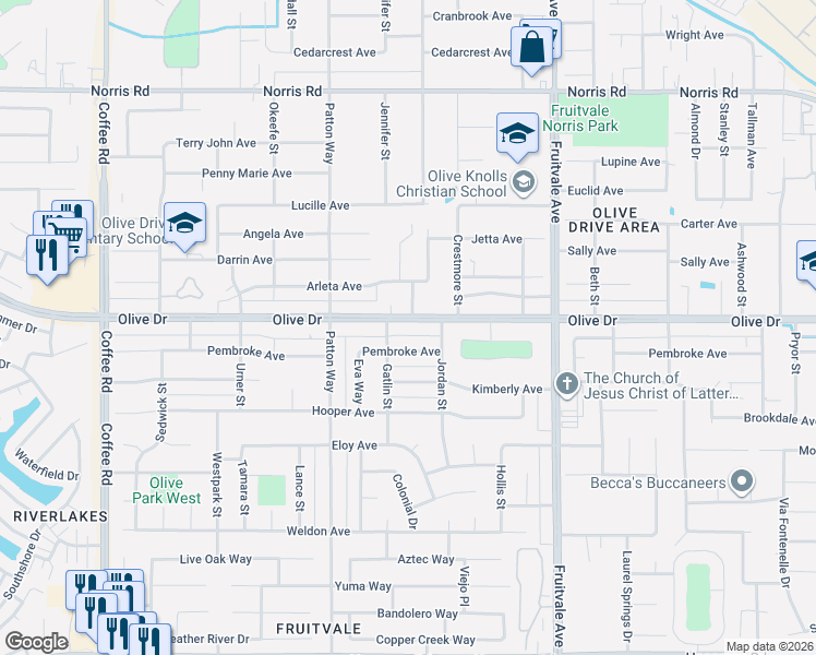 map of restaurants, bars, coffee shops, grocery stores, and more near 7005 Olive Drive in Bakersfield