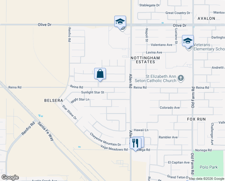 map of restaurants, bars, coffee shops, grocery stores, and more near 13100 Sunlight Star Street in Bakersfield