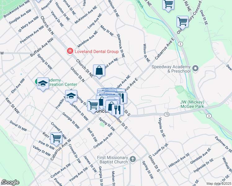 map of restaurants, bars, coffee shops, grocery stores, and more near 47 Cabarrus Avenue West in Concord