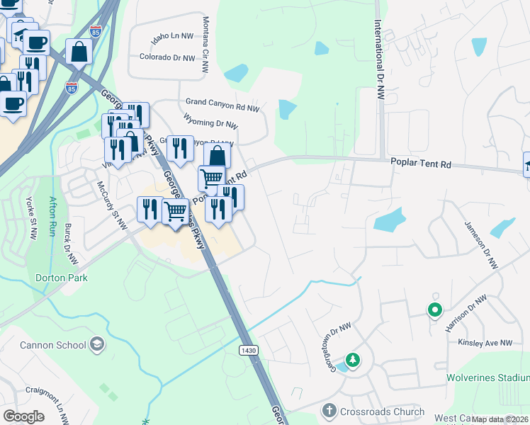 map of restaurants, bars, coffee shops, grocery stores, and more near 107 Cobblestone Lane Northwest in Concord