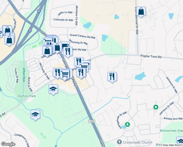 map of restaurants, bars, coffee shops, grocery stores, and more near 356 Coddle Market Drive Northwest in Concord