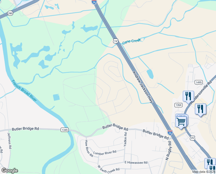 map of restaurants, bars, coffee shops, grocery stores, and more near 296 Tap Root Lane in Fletcher