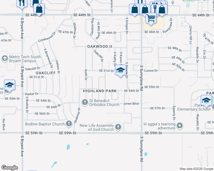 map of restaurants, bars, coffee shops, grocery stores, and more near 3909 Southeast 54th Street in Oklahoma City