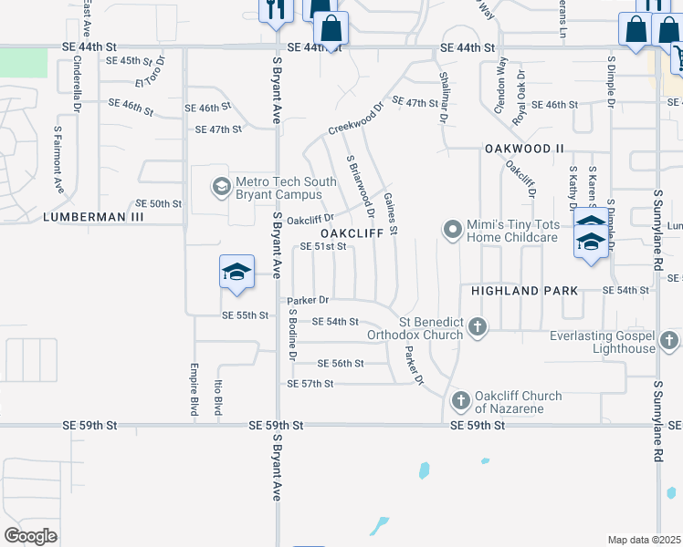 map of restaurants, bars, coffee shops, grocery stores, and more near 5305 Creekwood Terrace in Oklahoma City