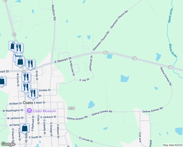 map of restaurants, bars, coffee shops, grocery stores, and more near 72 East Sally Drive in Coats