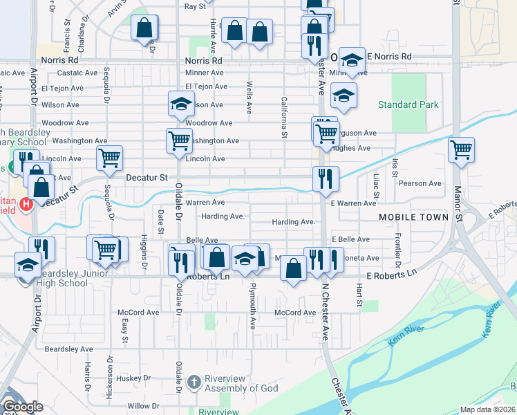 map of restaurants, bars, coffee shops, grocery stores, and more near 219 Warren Avenue in Bakersfield