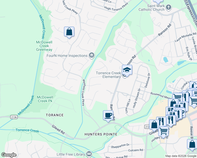 map of restaurants, bars, coffee shops, grocery stores, and more near in Huntersville