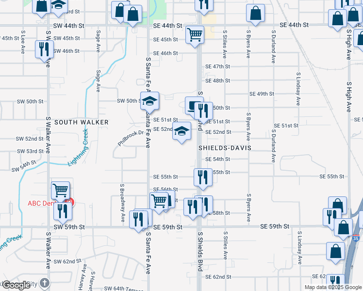 map of restaurants, bars, coffee shops, grocery stores, and more near 5401 South Shields Boulevard in Oklahoma City