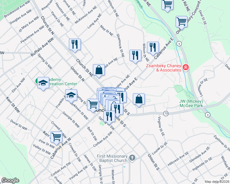 map of restaurants, bars, coffee shops, grocery stores, and more near 48 Brumley Avenue Northeast in Concord