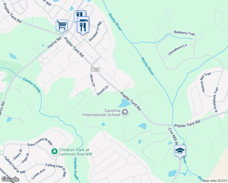 map of restaurants, bars, coffee shops, grocery stores, and more near 9551 Poplar Tent Rd in Concord