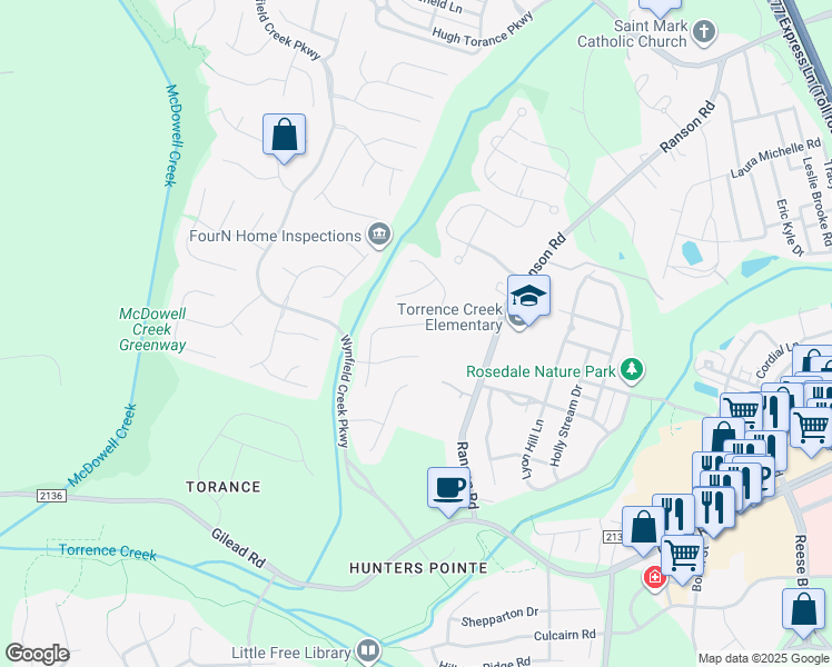 map of restaurants, bars, coffee shops, grocery stores, and more near 14904 Stonegreen Lane in Huntersville