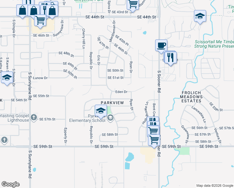 map of restaurants, bars, coffee shops, grocery stores, and more near 5108 Eden Dr in Oklahoma City