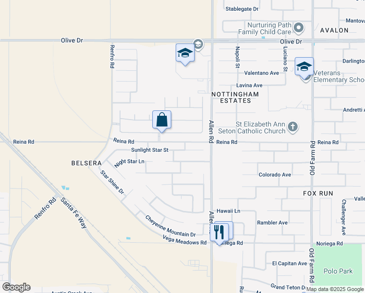 map of restaurants, bars, coffee shops, grocery stores, and more near 13100 Sunlight Star Street in Bakersfield