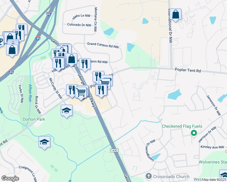 map of restaurants, bars, coffee shops, grocery stores, and more near 356 Coddle Market Drive Northwest in Concord