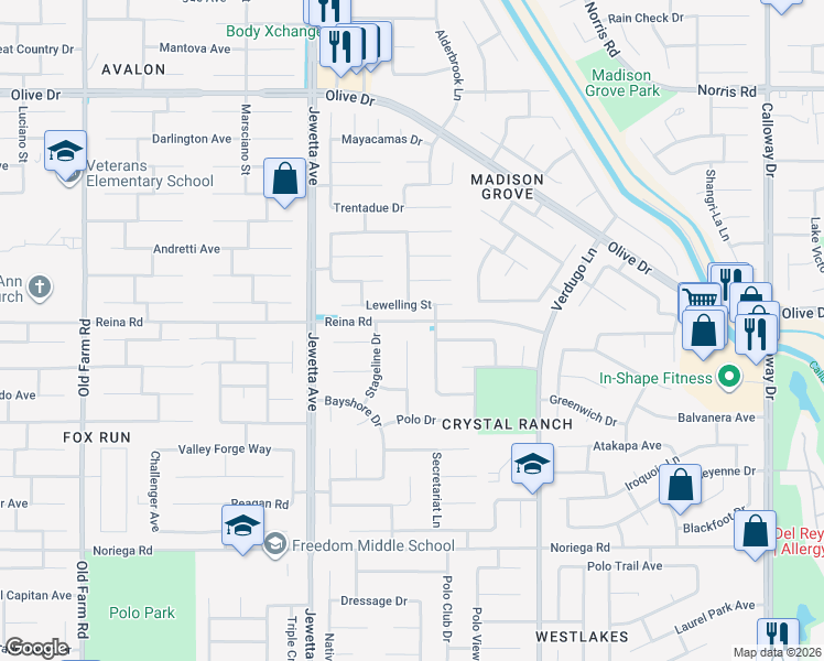 map of restaurants, bars, coffee shops, grocery stores, and more near 5714 Danbury Court in Bakersfield