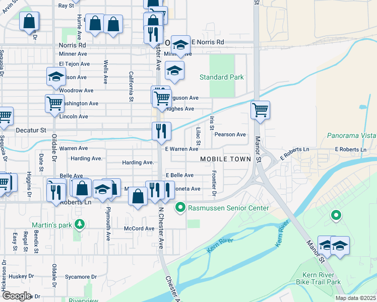 map of restaurants, bars, coffee shops, grocery stores, and more near 201 East Warren Avenue in Bakersfield