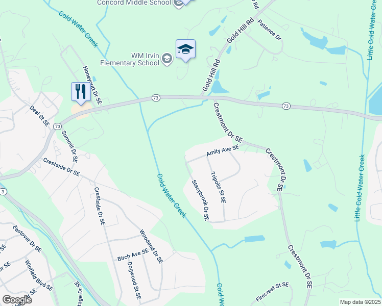 map of restaurants, bars, coffee shops, grocery stores, and more near 553 Amity Avenue Southeast in Concord