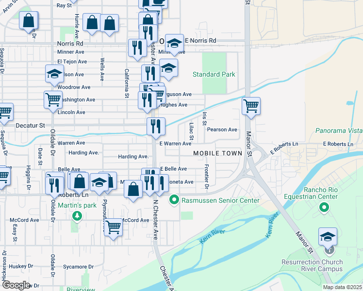 map of restaurants, bars, coffee shops, grocery stores, and more near 201 East Warren Avenue in Bakersfield