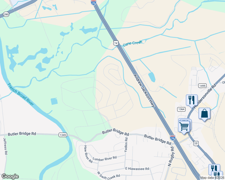 map of restaurants, bars, coffee shops, grocery stores, and more near 296 Tap Root Lane in Fletcher