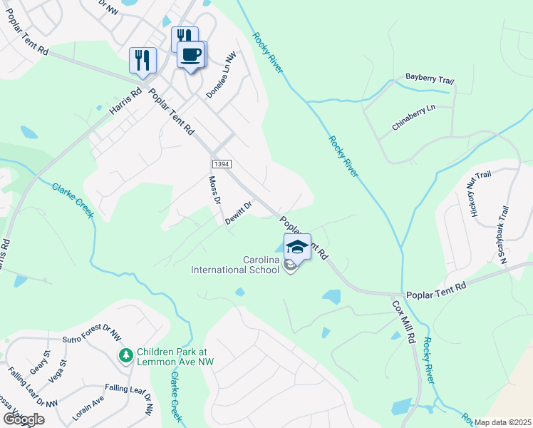 map of restaurants, bars, coffee shops, grocery stores, and more near 9551 Poplar Tent Rd in Concord