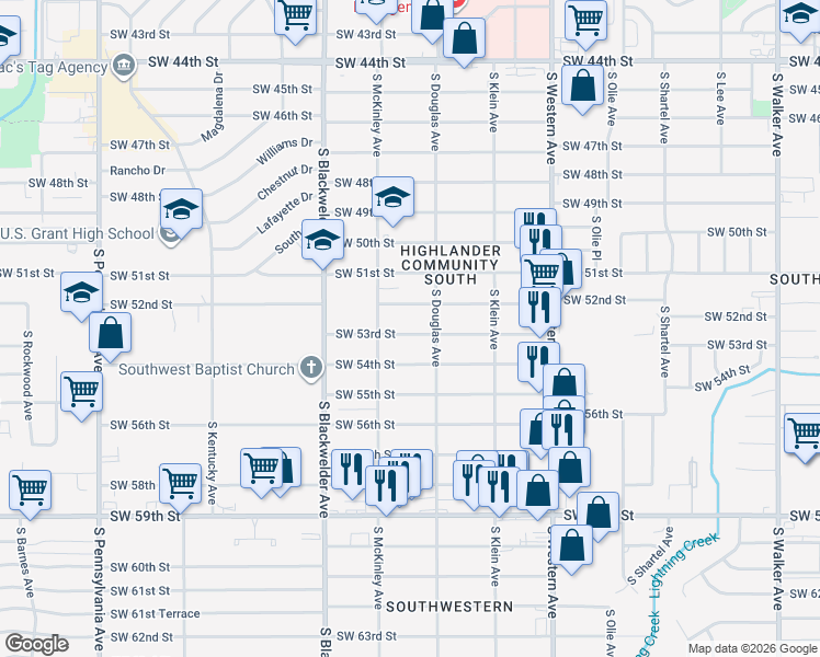 map of restaurants, bars, coffee shops, grocery stores, and more near 1117 Southwest 53rd Street in Oklahoma City