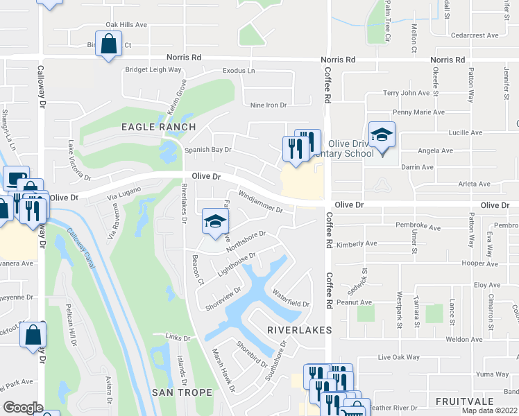 map of restaurants, bars, coffee shops, grocery stores, and more near 8409 Windjammer Drive in Bakersfield