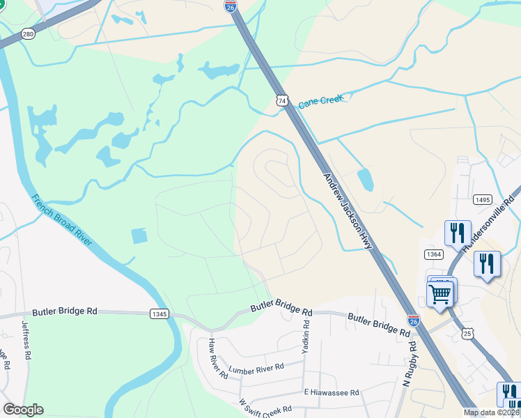 map of restaurants, bars, coffee shops, grocery stores, and more near 296 Tap Root Lane in Fletcher