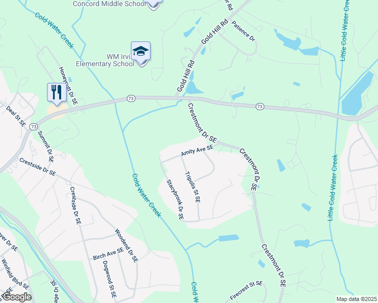 map of restaurants, bars, coffee shops, grocery stores, and more near Amity Avenue Southeast in Concord