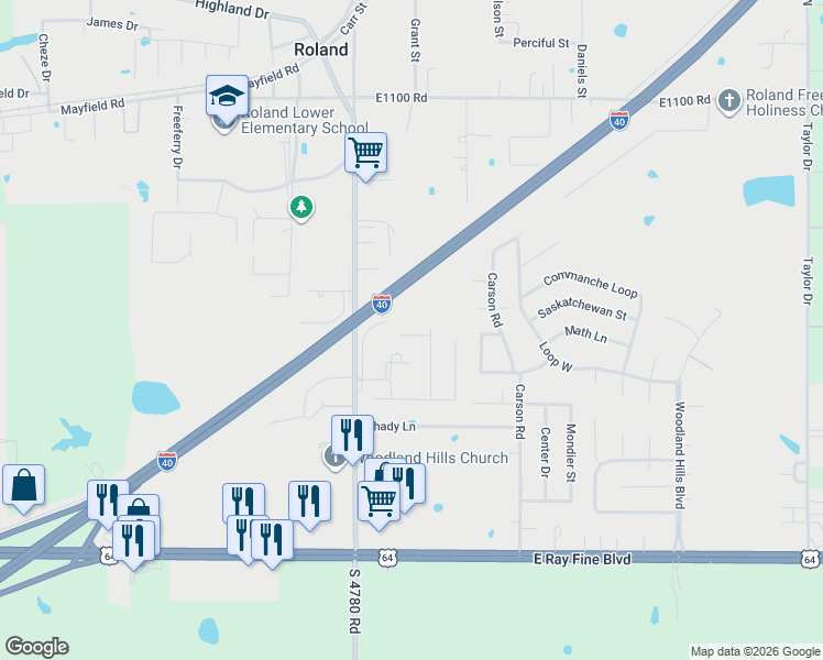 map of restaurants, bars, coffee shops, grocery stores, and more near 119 Lanita Drive in Roland