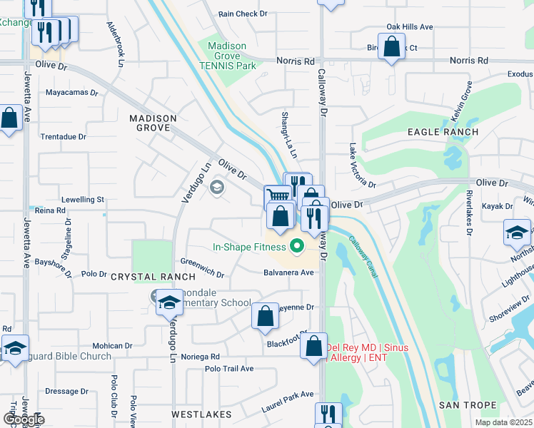 map of restaurants, bars, coffee shops, grocery stores, and more near 5800 Running Brook Street in Bakersfield
