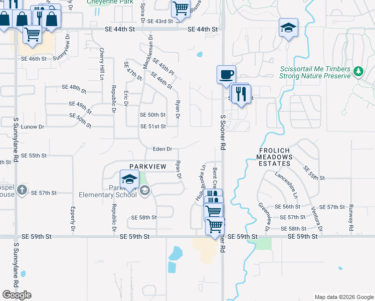 map of restaurants, bars, coffee shops, grocery stores, and more near 5308 Eden Drive in Oklahoma City