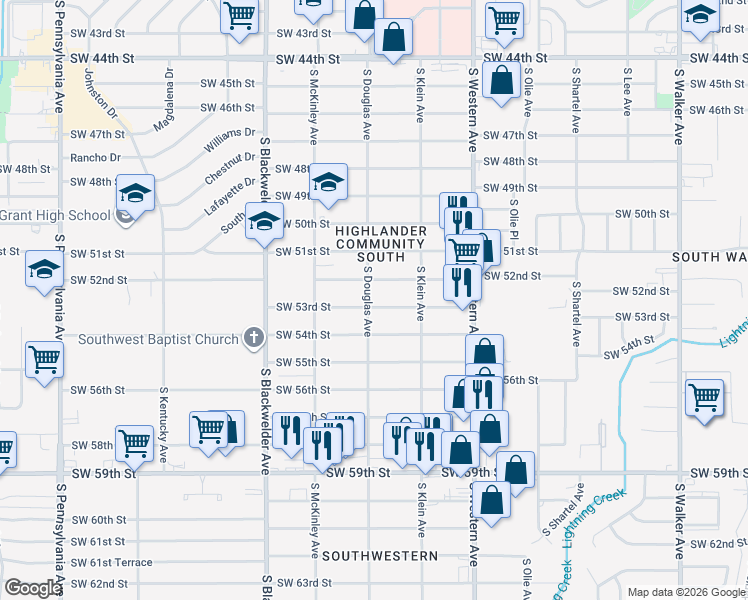 map of restaurants, bars, coffee shops, grocery stores, and more near 5316 South Douglas Avenue in Oklahoma City
