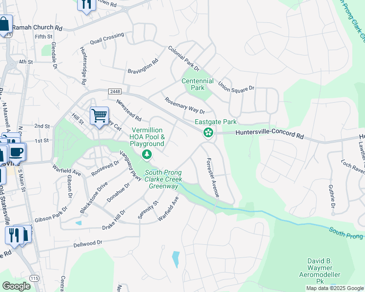 map of restaurants, bars, coffee shops, grocery stores, and more near 12917 Silbury Lane in Huntersville