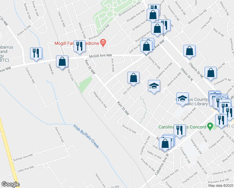 map of restaurants, bars, coffee shops, grocery stores, and more near 237 Fink Avenue Northwest in Concord