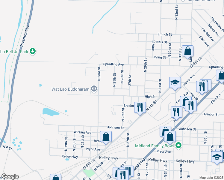 map of restaurants, bars, coffee shops, grocery stores, and more near 2405 High Street in Fort Smith