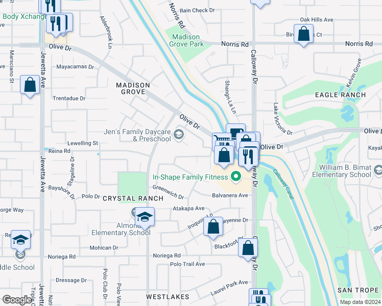 map of restaurants, bars, coffee shops, grocery stores, and more near 10110 Hurlingham Drive in Bakersfield