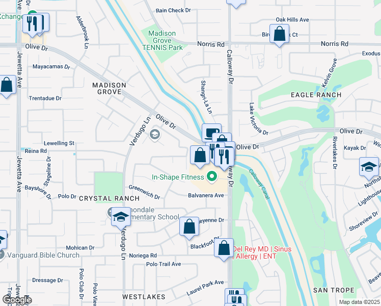 map of restaurants, bars, coffee shops, grocery stores, and more near 5800 Running Brook Street in Bakersfield