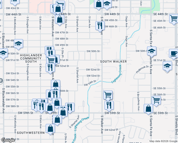 map of restaurants, bars, coffee shops, grocery stores, and more near 551 Southwest 53rd Street in Oklahoma City
