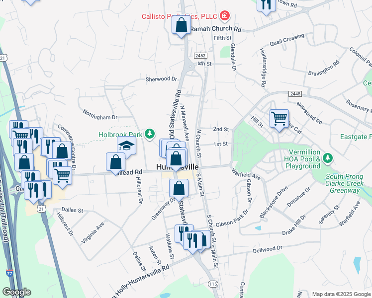 map of restaurants, bars, coffee shops, grocery stores, and more near 106 North Old Statesville Road in Huntersville