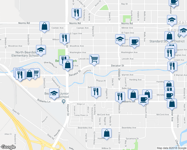 map of restaurants, bars, coffee shops, grocery stores, and more near 654 Sequoia Drive in Bakersfield