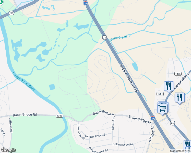 map of restaurants, bars, coffee shops, grocery stores, and more near 296 Tap Root Lane in Fletcher