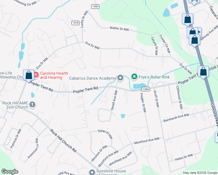 map of restaurants, bars, coffee shops, grocery stores, and more near 699 Crown Point Circle Northwest in Concord