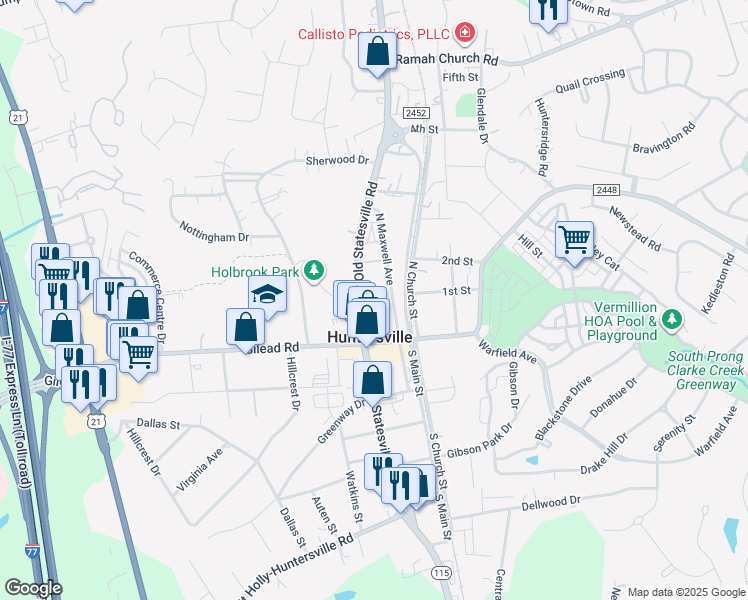 map of restaurants, bars, coffee shops, grocery stores, and more near 106 North Old Statesville Road in Huntersville